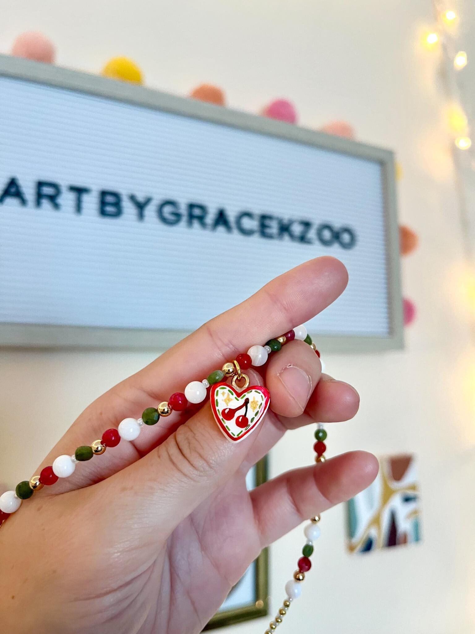 Hand-Painted Polymer Clay Charm Cherry Necklace