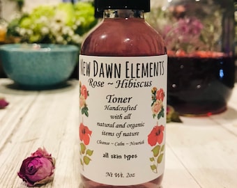 Rose + Hibiscus Facial Toner, 100% Natural, Organic Rosewater Mist, Natural Skincare, Hydrating Face Spray, Vegan Toner, Rose Hydrosol, Mist