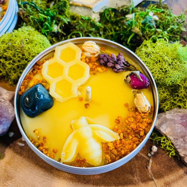 Ostara Ritual Beeswax Candle ~ Handcrafted Essential Oils Candle ~ Crystal & Flowers Candle ~ Spring Candle ~ Blessings for Altar ~ Gift ~
