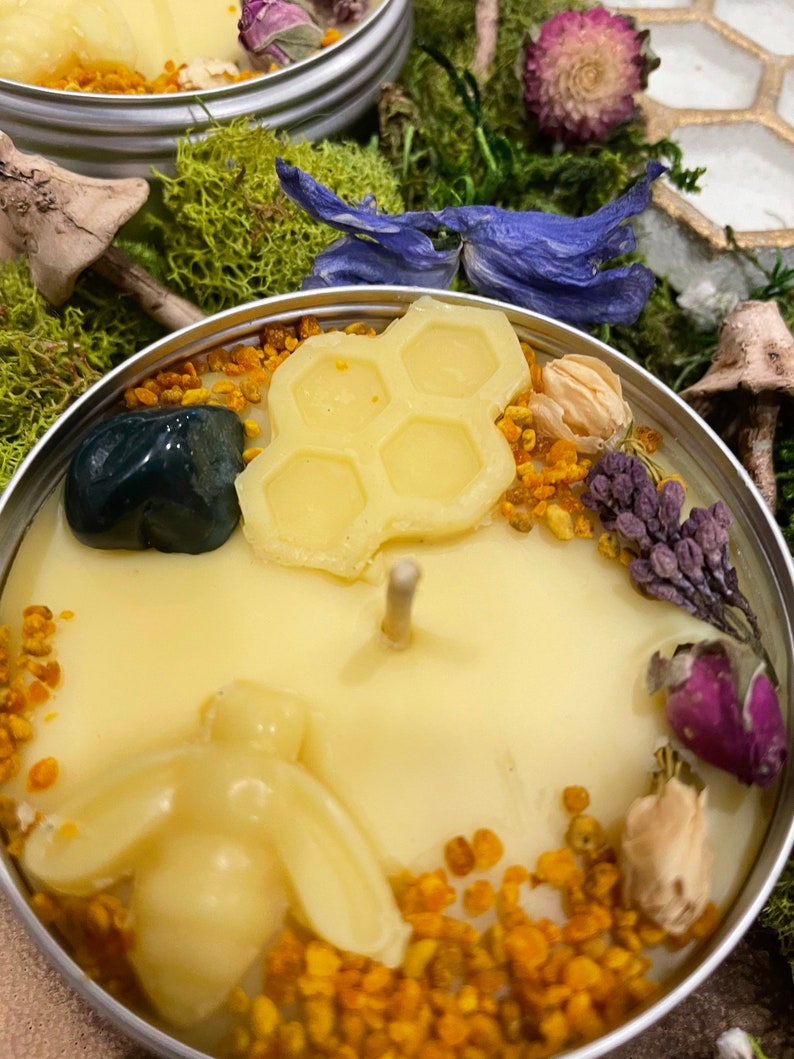 Ostara Ritual Beeswax Candle Handcrafted Essential Oils Candle Crystal & Flowers Candle Spring Candle Blessings for Altar Gift image 8
