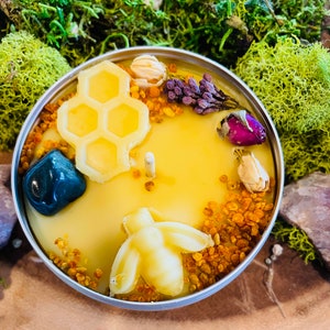 Ostara Ritual Beeswax Candle Handcrafted Essential Oils Candle Crystal & Flowers Candle Spring Candle Blessings for Altar Gift image 5