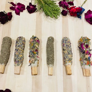 Palo Santo Sticks Set of 6, Wax Dipped Palo Santo, Hand Rolled in Dried Flowers & Herbs, Smudge Alternative, Sage, Meditation Incense