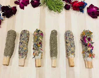 Set de varillas de Palo Santo bañadas en cera de abejas, flores y hierbas secas, alternativa al humo, incienso de Palo Santo, incienso natural, meditación y bienestar.