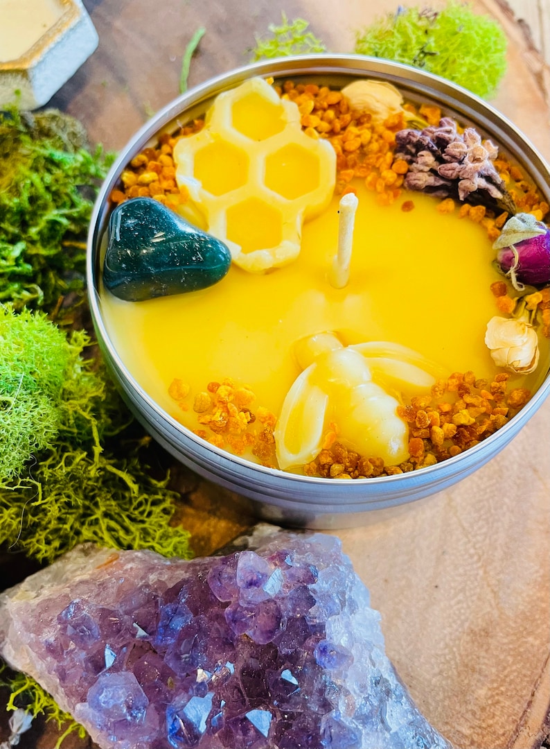 Ostara Ritual Beeswax Candle Handcrafted Essential Oils Candle Crystal & Flowers Candle Spring Candle Blessings for Altar Gift image 4