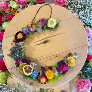 Crescent Moon Woodland Wreath, Cottagecore Decor, Dried Flower Wreath, Herbs + Crystals, Housewarming Gift, Crystals, Natural Wreath