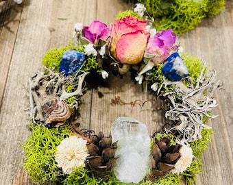 Mini Floral Crystal Wreath: Natural Herbs & Moss, Cottage Decor