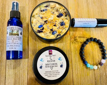 Meditation Aromatherapy Set, Mindful Moments for Self Care, Energy Cleansing, Beeswax Candle, Smudging Spray, Energy Cleansing, Birthday Set