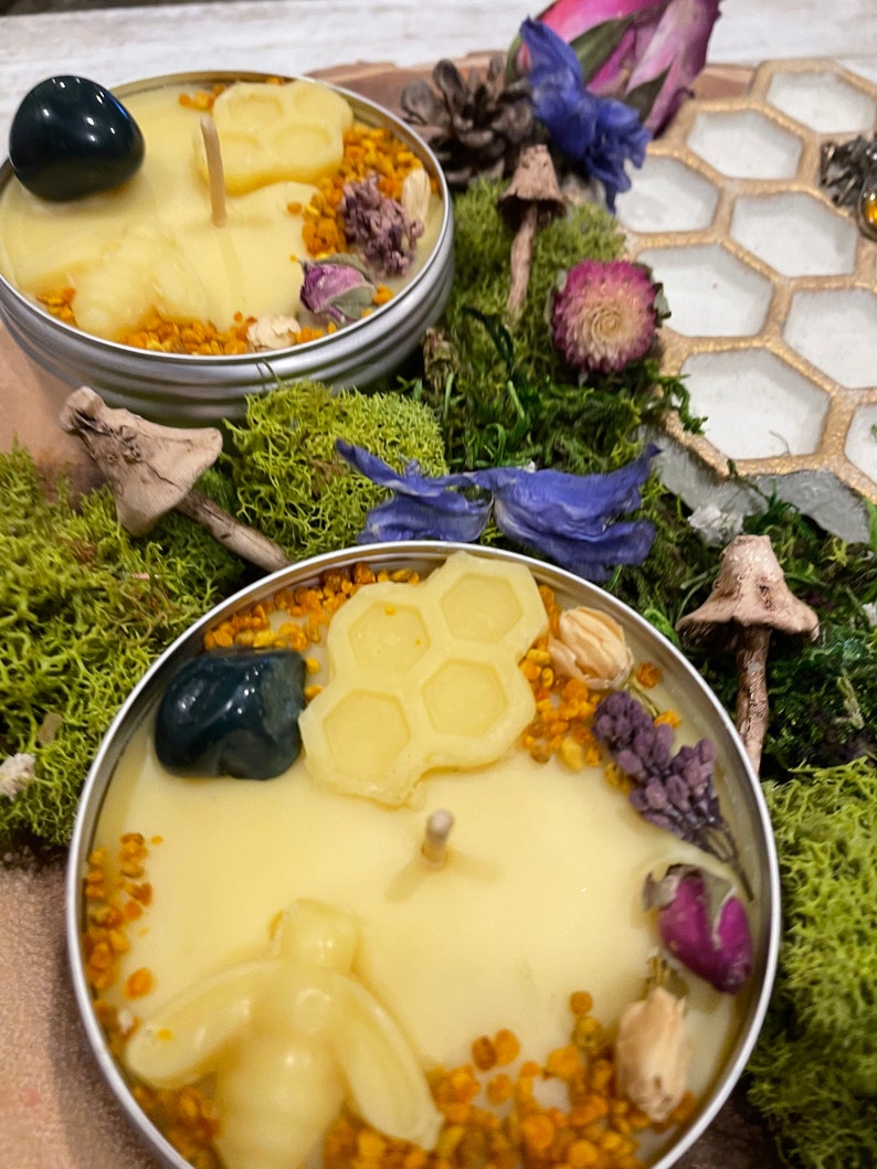 Ostara Ritual Beeswax Candle Handcrafted Essential Oils Candle Crystal & Flowers Candle Spring Candle Blessings for Altar Gift image 7