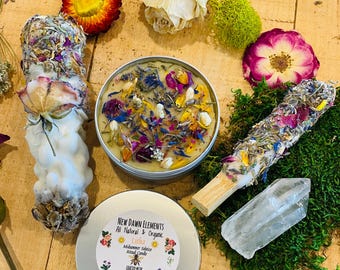 Midsummer Solstice Natural Incense Altar Set-Litha Ritual Sabbat Box- Beewax Ritual Candle Mullein Torch Crystals-Palo Santo Gift set