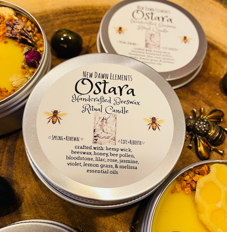 Ostara Ritual Beeswax Candle Handcrafted Essential Oils Candle Crystal & Flowers Candle Spring Candle Blessings for Altar Gift image 2