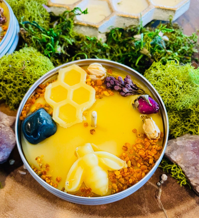 Ostara Ritual Beeswax Candle Handcrafted Essential Oils Candle Crystal & Flowers Candle Spring Candle Blessings for Altar Gift image 1