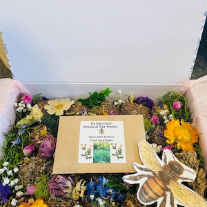 May include: A white box filled with dried flowers, moss, and botanical bee bombs. A paper label reads "New Dawn Elements Botanical Bee Bombs, Handcrafted Herbal & Floral Seed Bombs." A paper cutout of a bee is also included.