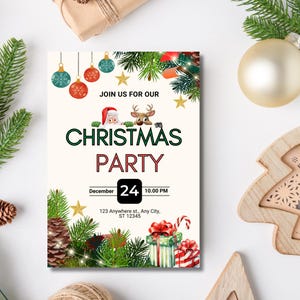 Beige und grüne illustrative Weihnachtseinladungskarte, elegante digitale Weihnachtseinladung, Feiertagseinladung, bearbeitbare Einladung, Pdf