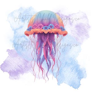 PNG Watercolor Jelly Fish Sea Life Ocean Life Sea Animal Instant Download Paper Crafts Junk Journal jellyfish tee, shirt graphic jellyfi PNG