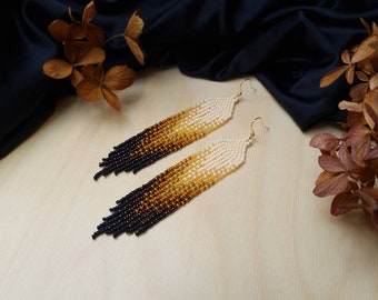 Black beaded earrings Bohemian seed bead earrings Beige chandelier earrings Gradient earrings Fringe beadwork earrings Long boho jewelry