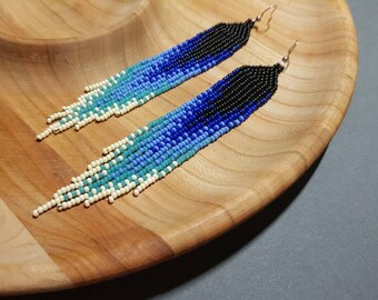 Blue black beaded earrings Fringe navy blue turquoise beadwork earrings Extra long gradient earrings Seed bead earrings Boho ombre earrings