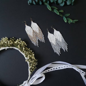 Wedding beaded earrings White gradient earrings Evening earrings Seed bead boho earrings Silver chandelier earrings Gold Bohemian earrings
