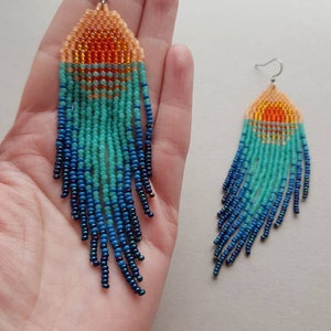 Sunset beaded earrings Turquoise bead earrings Sea beaded earrings Natural bead earrings Boho dangle earring Native jewelry Mother day gift image 5