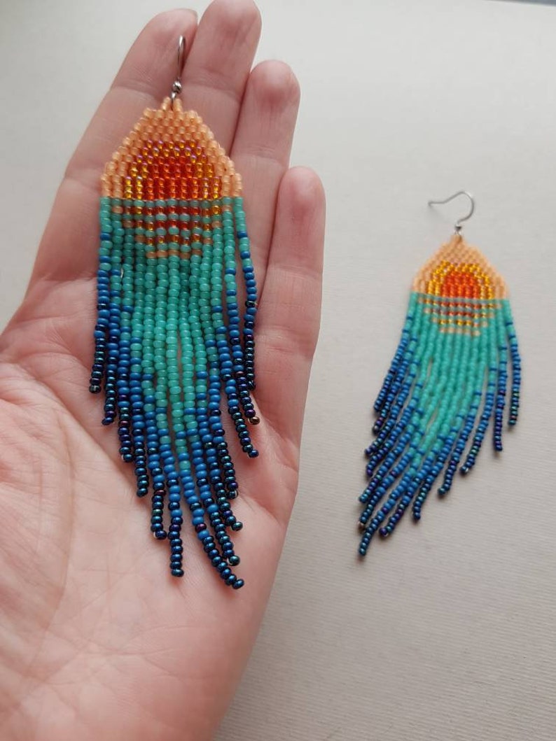 Sunset beaded earrings Turquoise bead earrings Sea beaded earrings Natural bead earrings Boho dangle earring Native jewelry Mother day gift image 5