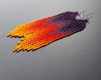 Dark purple orange beaded earrings Extra long gradient earrings Seed bead earrings Fringe purple red beadwork earrings Boho ombre earrings