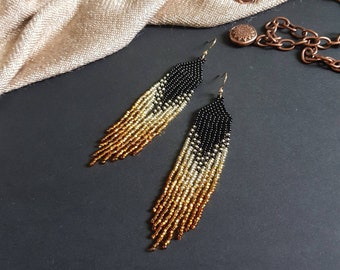 Gold gradient earrings Black gold beaded earrings with fringe Evening earrings Seed bead earring Gold chandelier earrings Boho earrings