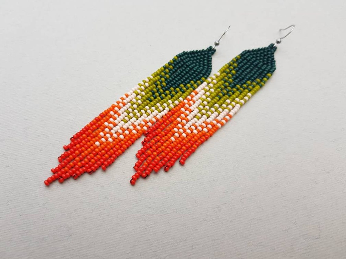 Green Orange Beaded Earrings Long Ombre Earrings Seed Bead Etsy