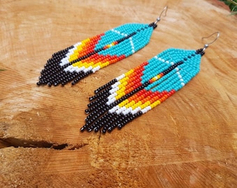 Beaded Feather American style earrings Seed bead earrings Fringe earrings Long turquoise beaded earrings Beadwork jewelry