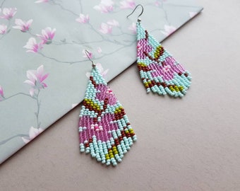 Sakura beaded earrings Mint bohemian earrings Flowers fringe beaded earrings Beaded boho jewelry Pink flower seed bead earring Blue jewelry