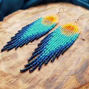 Sunset beaded earrings Turquoise bead earrings Sea beaded earrings Natural bead earrings Boho dangle earring Native jewelry Mother day gift image 8