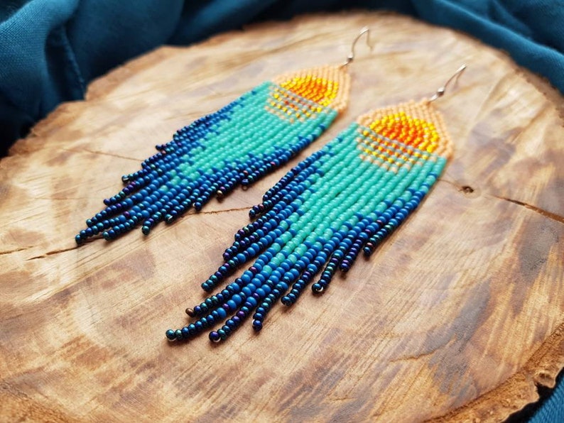 Sunset beaded earrings Turquoise bead earrings Sea beaded earrings Natural bead earrings Boho dangle earring Native jewelry Mother day gift image 8