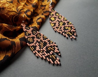 Leopard beaded earrings Seed bead earrings Animal print earrings Leopard print Long Dangle earrings Fringe Chandelier earrings Bohemian gift