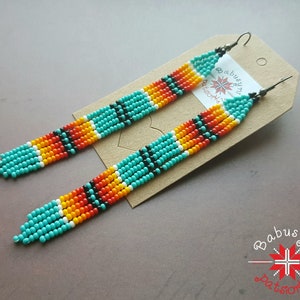 Native style earrings Southwest design seed bead earrings American design earrings Long turquoise beaded earrings Fringe earrings Boho style