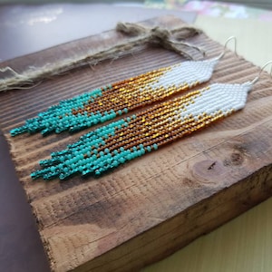 Gold emerald beaded earrings Long boho gold earrings White turquoise earrings Gradient luxury earrings Shiny seed bead earring Bohemian Gift