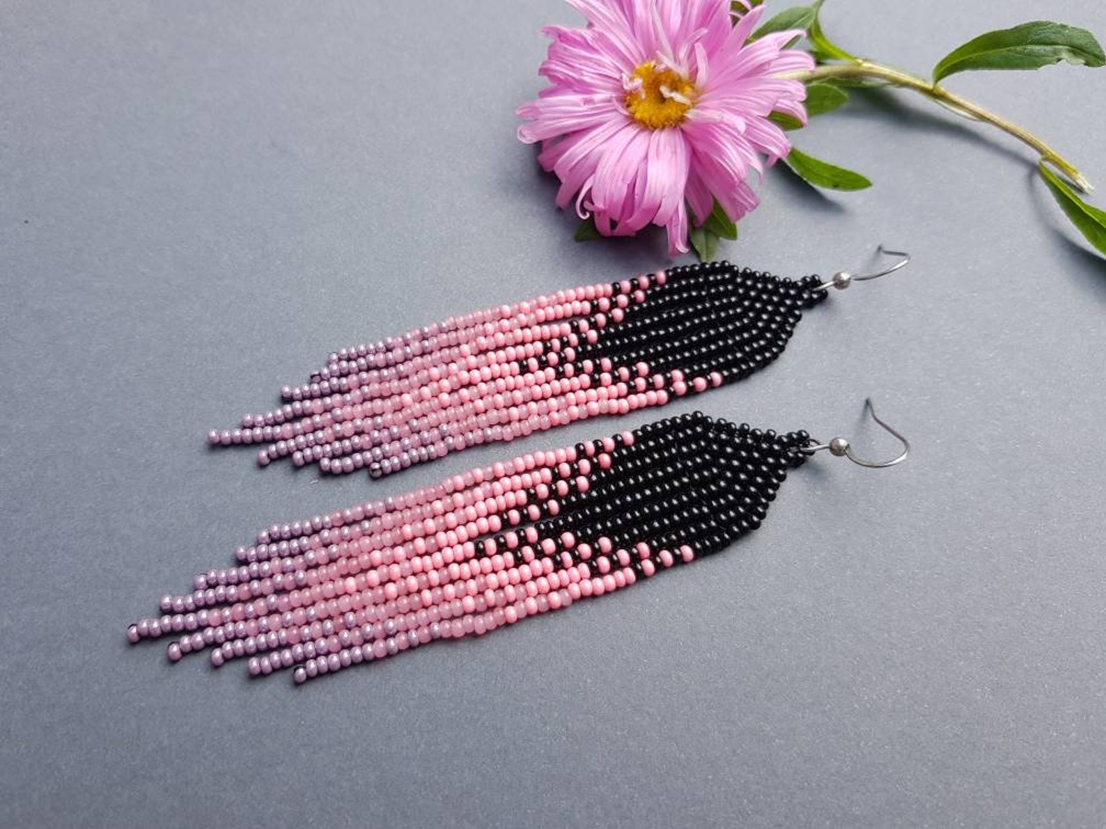 Pink Beaded Earrings Black Ombre Earrings Seed Bead Earrings - Etsy