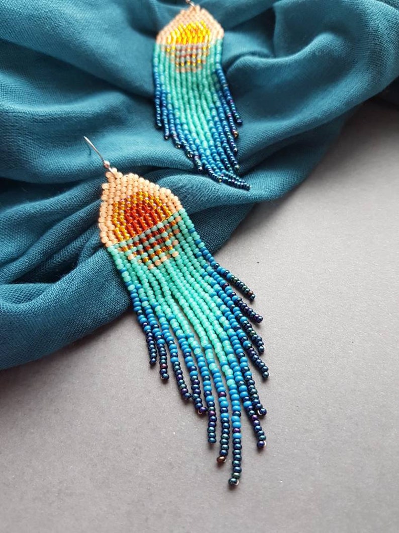 Sunset beaded earrings Turquoise bead earrings Sea beaded earrings Natural bead earrings Boho dangle earring Native jewelry Mother day gift image 9