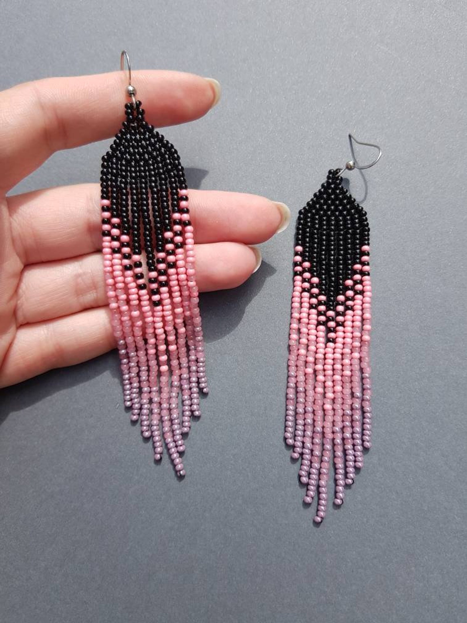 Pink Beaded Earrings Black Ombre Earrings Seed Bead Earrings - Etsy