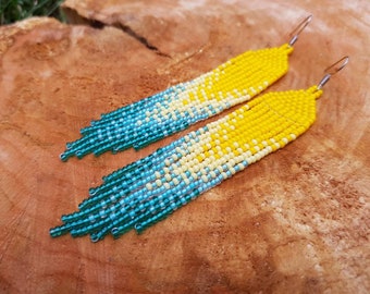 Yellow beaded earrings Turquoise seed bead earrings Fringe beadwork earrings Long earrings Ombre earrings Boho jewelry Chandelier earrings