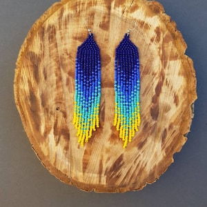 Navy blue yellow beaded earrings Gradient seed bead earrings Turquoise earrings Fringe earrings Boho jewelry Long chandelier earrings gift