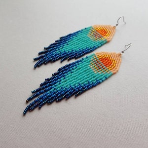 Sunset beaded earrings Turquoise bead earrings Sea beaded earrings Natural bead earrings Boho dangle earring Native jewelry Mother day gift image 1