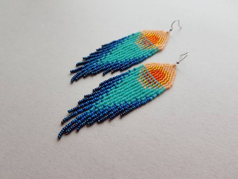 Sunset beaded earrings Turquoise bead earrings Sea beaded earrings Natural bead earrings Boho dangle earring Native jewelry Mother day gift image 1