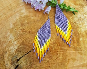 Purple beaded earrings Yellow seed bead earrings Lavender beaded earrings Fringe bead earrings Boho native earrings Bedwork bohemian jewelry