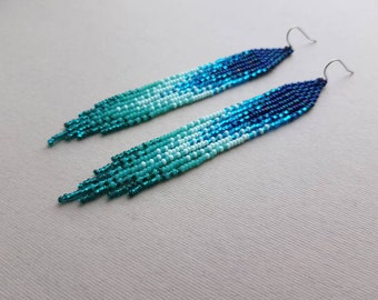 Navy blue emerald beaded earrings Extra long shining luxury earrings Seed bead jewelry Unique beads earrings Green blue earrings Bohemian