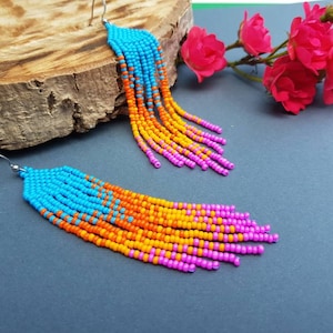 Blue orange pink beaded earrings Bright earrings Seed bead earrings Fringe gradient beadwork earrings Long boho jewelry Chandelier earrings