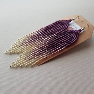 Dark purple shiny beaded earrings Long boho handwoven earrings Unique evening earrings Gradient luxury earrings Bohemian seed bead earrings