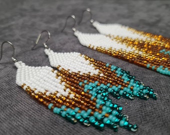 Gold emerald beaded earrings Tiny boho gold earrings White turquoise earrings Gradient luxury earrings Shiny seed bead earring Bohemian gift