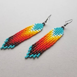 Seed bead earrings Turquoise  beaded earrings Southwest design earrings Native Boho jewelry Fringe chandalier earrings Short fire earrings