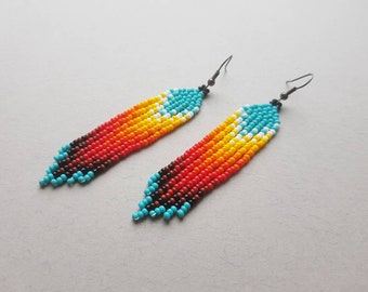 Seed bead earrings Turquoise  beaded earrings Southwest design earrings Native Boho jewelry Fringe chandalier earrings Short fire earrings