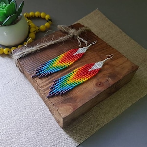Rainbow beaded earrings Colorful long earrings Fringe earrings Seed bead earrings Gradient dangle earring Boho jewelry Feather earrings Gift