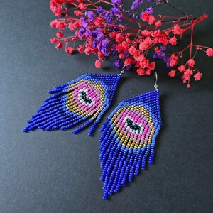 Pfau perlen ohrringe Blau rosa rocailles perlen ohrring Chandelier perlen ohrringe Federn perlen ohrring Fransen lange ohrring Boho perlen ohrring