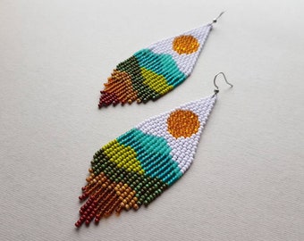 Mountain beaded earrings Sunset fringes natural earrings  Green brown earring Boho dangle earring Native western jewelry Christmas July gift